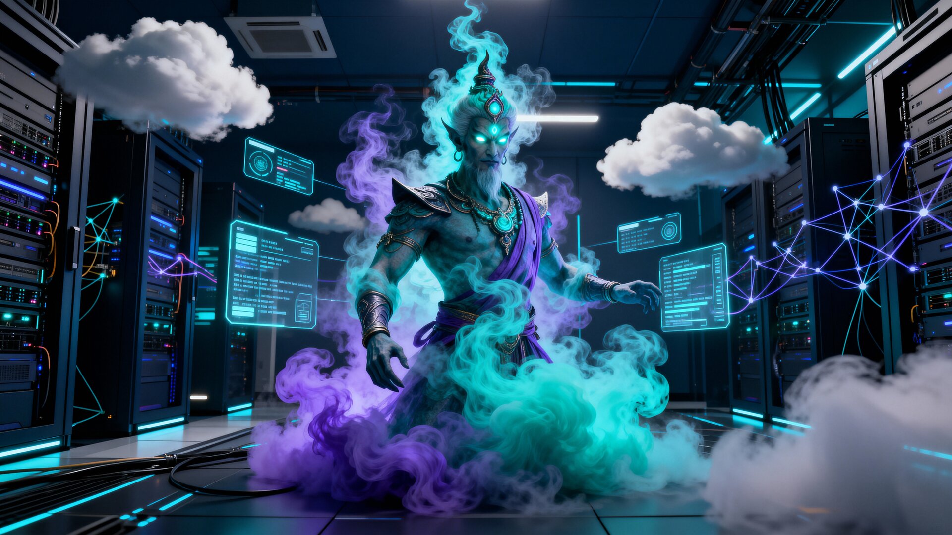 Mystical djinn guardian emerging in datacenter